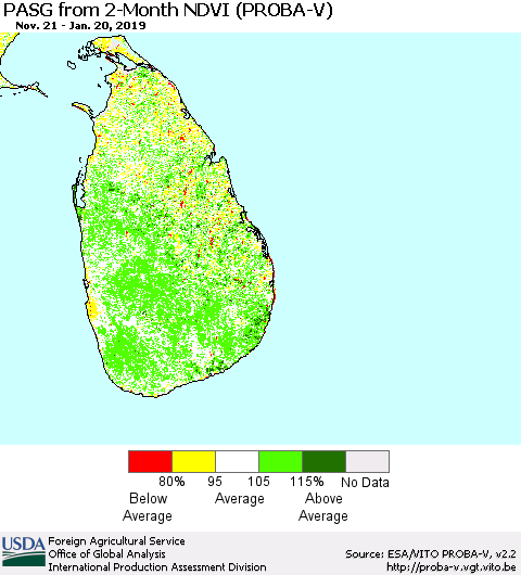 Sri Lanka PASG from 2-Month NDVI (PROBA-V) Thematic Map For 1/11/2019 - 1/20/2019