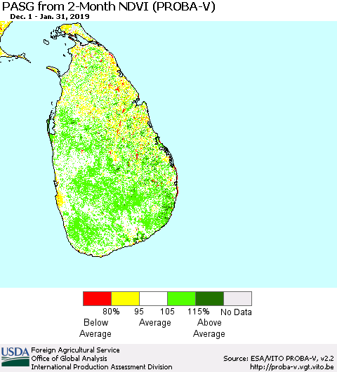 Sri Lanka PASG from 2-Month NDVI (PROBA-V) Thematic Map For 1/21/2019 - 1/31/2019