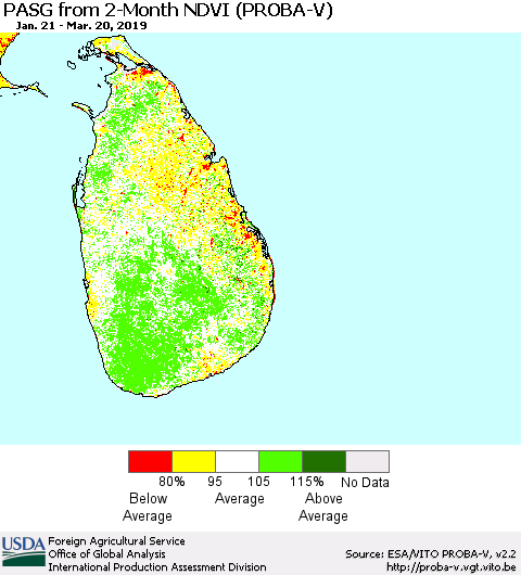 Sri Lanka PASG from 2-Month NDVI (PROBA-V) Thematic Map For 3/11/2019 - 3/20/2019