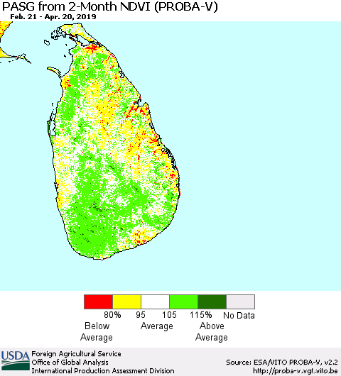 Sri Lanka PASG from 2-Month NDVI (PROBA-V) Thematic Map For 4/11/2019 - 4/20/2019
