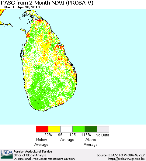 Sri Lanka PASG from 2-Month NDVI (PROBA-V) Thematic Map For 4/21/2019 - 4/30/2019