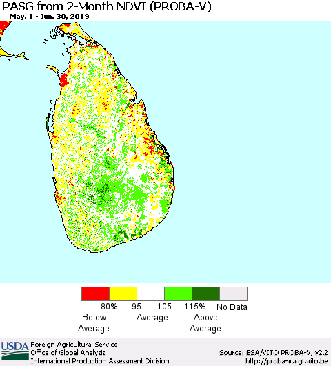 Sri Lanka PASG from 2-Month NDVI (PROBA-V) Thematic Map For 6/21/2019 - 6/30/2019