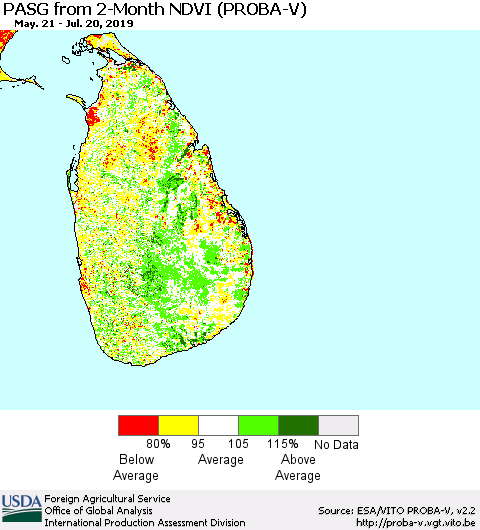 Sri Lanka PASG from 2-Month NDVI (PROBA-V) Thematic Map For 7/11/2019 - 7/20/2019