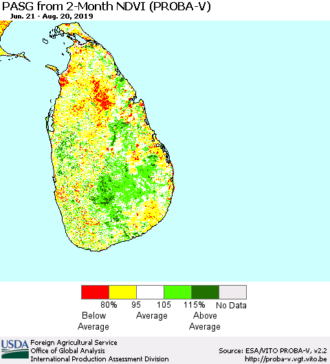 Sri Lanka PASG from 2-Month NDVI (PROBA-V) Thematic Map For 8/11/2019 - 8/20/2019