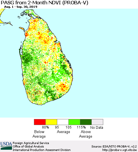 Sri Lanka PASG from 2-Month NDVI (PROBA-V) Thematic Map For 9/21/2019 - 9/30/2019