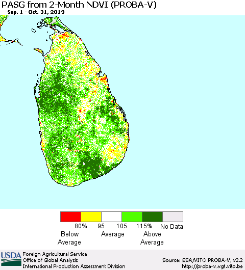 Sri Lanka PASG from 2-Month NDVI (PROBA-V) Thematic Map For 10/21/2019 - 10/31/2019