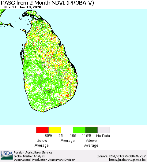 Sri Lanka PASG from 2-Month NDVI (PROBA-V) Thematic Map For 1/1/2020 - 1/10/2020