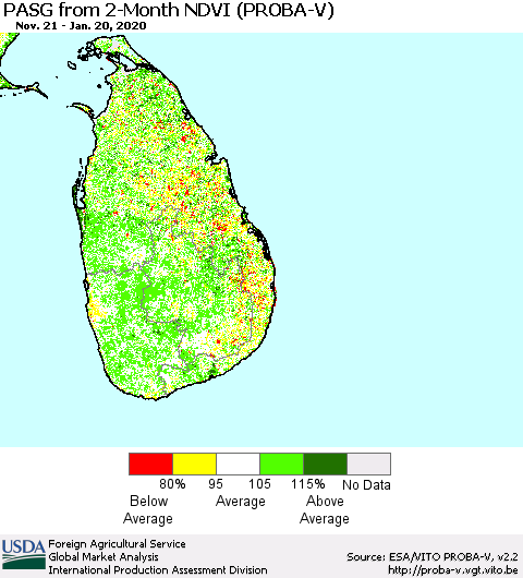 Sri Lanka PASG from 2-Month NDVI (PROBA-V) Thematic Map For 1/11/2020 - 1/20/2020