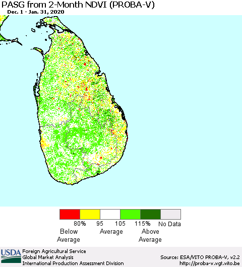 Sri Lanka PASG from 2-Month NDVI (PROBA-V) Thematic Map For 1/21/2020 - 1/31/2020