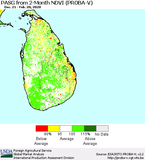 Sri Lanka PASG from 2-Month NDVI (PROBA-V) Thematic Map For 2/11/2020 - 2/20/2020