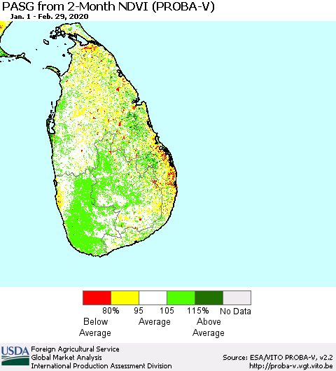 Sri Lanka PASG from 2-Month NDVI (PROBA-V) Thematic Map For 2/21/2020 - 2/29/2020