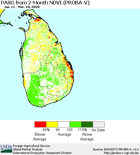 Sri Lanka PASG from 2-Month NDVI (PROBA-V) Thematic Map For 3/1/2020 - 3/10/2020
