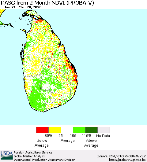 Sri Lanka PASG from 2-Month NDVI (PROBA-V) Thematic Map For 3/11/2020 - 3/20/2020