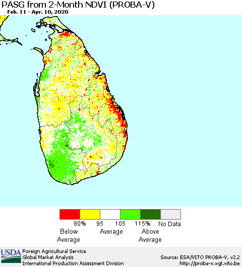 Sri Lanka PASG from 2-Month NDVI (PROBA-V) Thematic Map For 4/1/2020 - 4/10/2020