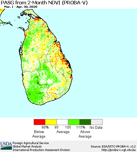 Sri Lanka PASG from 2-Month NDVI (PROBA-V) Thematic Map For 4/21/2020 - 4/30/2020
