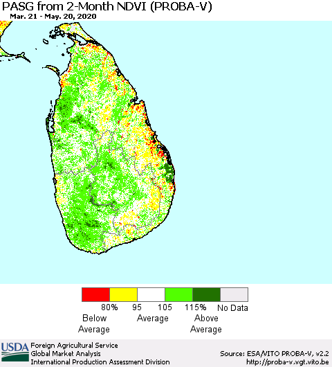 Sri Lanka PASG from 2-Month NDVI (PROBA-V) Thematic Map For 5/11/2020 - 5/20/2020