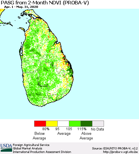 Sri Lanka PASG from 2-Month NDVI (PROBA-V) Thematic Map For 5/21/2020 - 5/31/2020