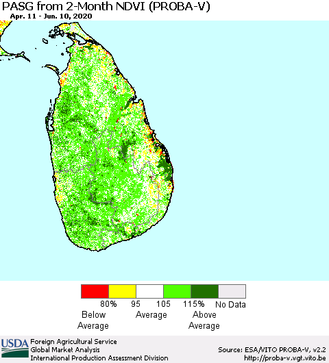 Sri Lanka PASG from 2-Month NDVI (PROBA-V) Thematic Map For 6/1/2020 - 6/10/2020