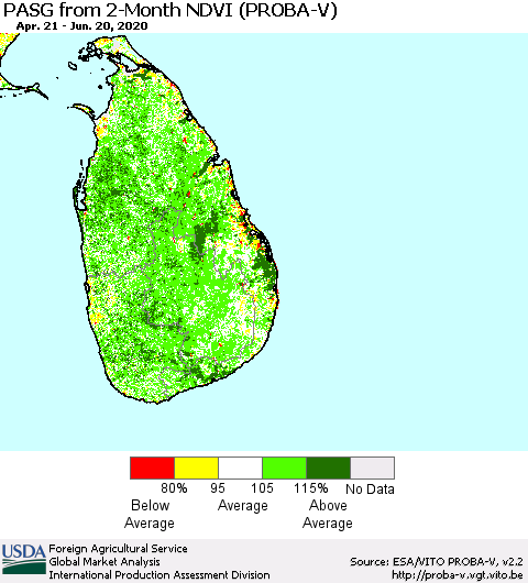 Sri Lanka PASG from 2-Month NDVI (PROBA-V) Thematic Map For 6/11/2020 - 6/20/2020