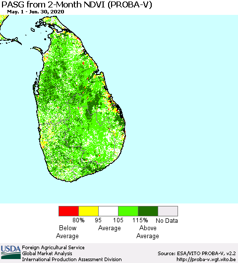 Sri Lanka PASG from 2-Month NDVI (PROBA-V) Thematic Map For 6/21/2020 - 6/30/2020