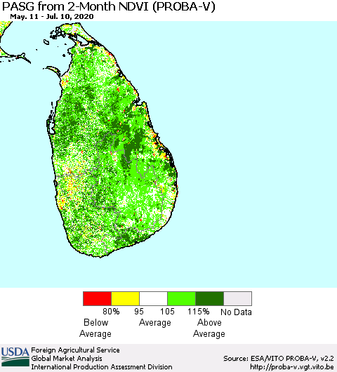 Sri Lanka PASG from 2-Month NDVI (PROBA-V) Thematic Map For 7/1/2020 - 7/10/2020