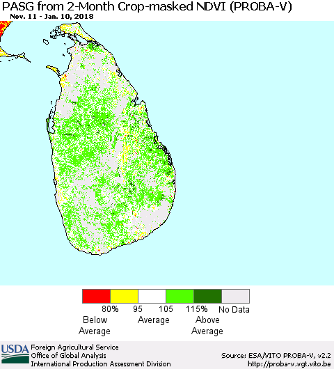 Sri Lanka PASG from 2-Month Crop-masked NDVI (PROBA-V) Thematic Map For 1/1/2018 - 1/10/2018