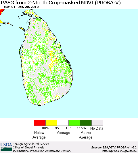 Sri Lanka PASG from 2-Month Crop-masked NDVI (PROBA-V) Thematic Map For 1/11/2018 - 1/20/2018