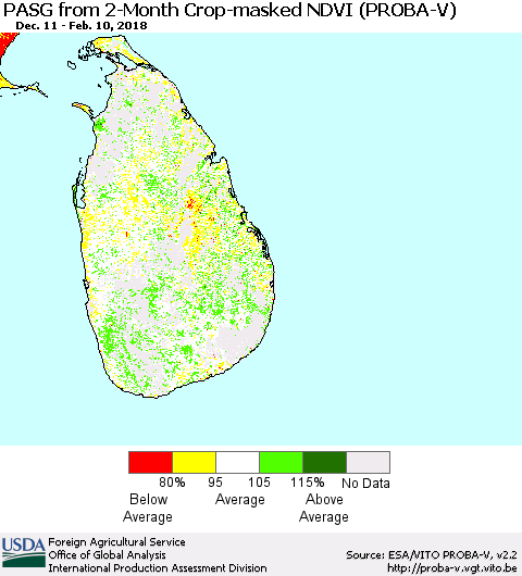 Sri Lanka PASG from 2-Month Crop-masked NDVI (PROBA-V) Thematic Map For 2/1/2018 - 2/10/2018