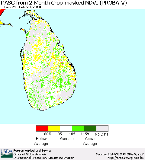 Sri Lanka PASG from 2-Month Crop-masked NDVI (PROBA-V) Thematic Map For 2/11/2018 - 2/20/2018