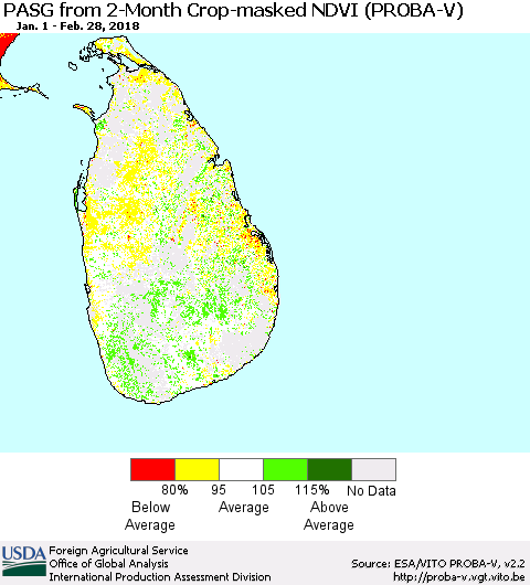 Sri Lanka PASG from 2-Month Crop-masked NDVI (PROBA-V) Thematic Map For 2/21/2018 - 2/28/2018