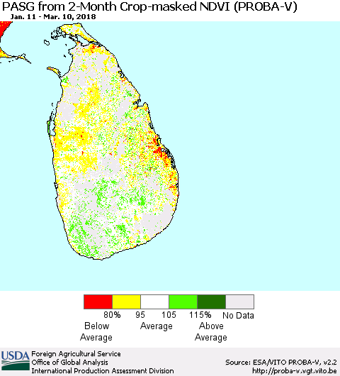 Sri Lanka PASG from 2-Month Crop-masked NDVI (PROBA-V) Thematic Map For 3/1/2018 - 3/10/2018
