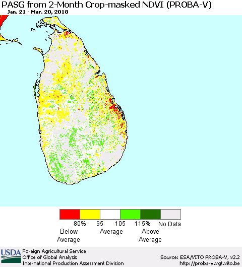 Sri Lanka PASG from 2-Month Crop-masked NDVI (PROBA-V) Thematic Map For 3/11/2018 - 3/20/2018