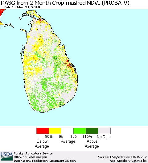 Sri Lanka PASG from 2-Month Crop-masked NDVI (PROBA-V) Thematic Map For 3/21/2018 - 3/31/2018