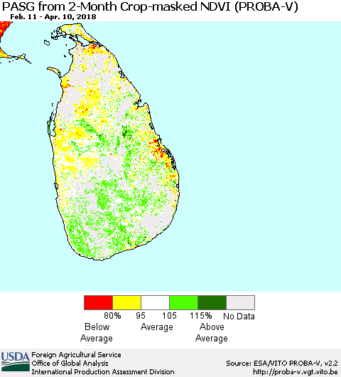 Sri Lanka PASG from 2-Month Crop-masked NDVI (PROBA-V) Thematic Map For 4/1/2018 - 4/10/2018