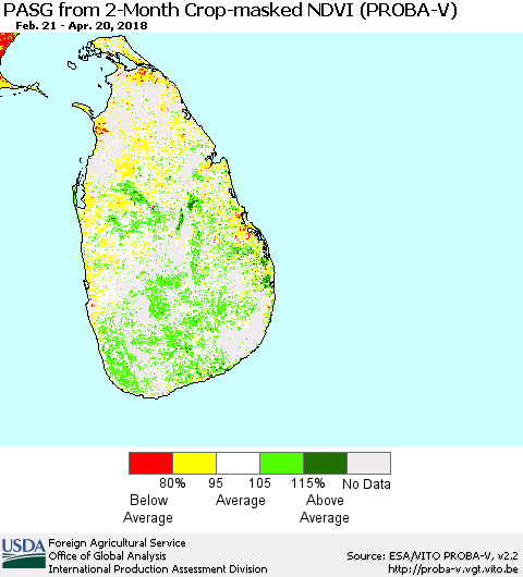 Sri Lanka PASG from 2-Month Crop-masked NDVI (PROBA-V) Thematic Map For 4/11/2018 - 4/20/2018