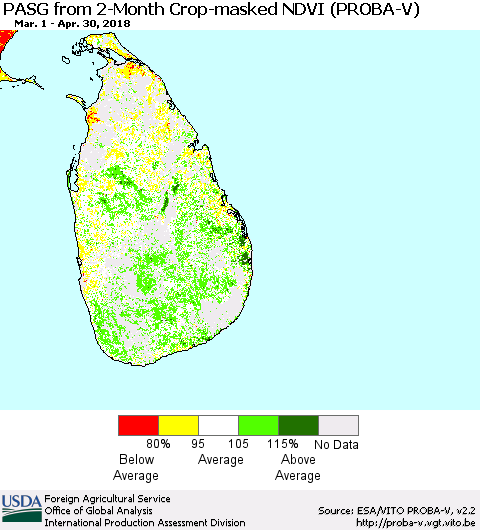 Sri Lanka PASG from 2-Month Crop-masked NDVI (PROBA-V) Thematic Map For 4/21/2018 - 4/30/2018