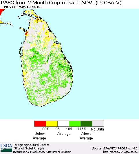 Sri Lanka PASG from 2-Month Crop-masked NDVI (PROBA-V) Thematic Map For 5/1/2018 - 5/10/2018