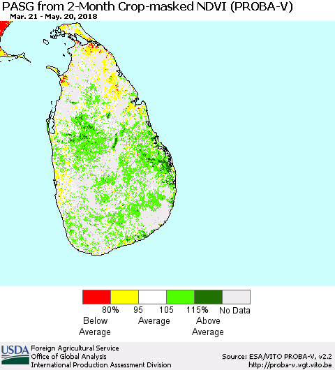 Sri Lanka PASG from 2-Month Crop-masked NDVI (PROBA-V) Thematic Map For 5/11/2018 - 5/20/2018