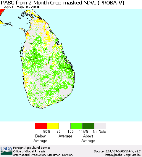Sri Lanka PASG from 2-Month Crop-masked NDVI (PROBA-V) Thematic Map For 5/21/2018 - 5/31/2018