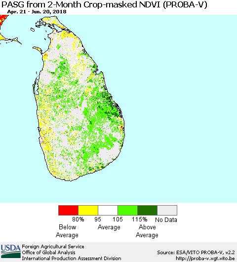 Sri Lanka PASG from 2-Month Crop-masked NDVI (PROBA-V) Thematic Map For 6/11/2018 - 6/20/2018
