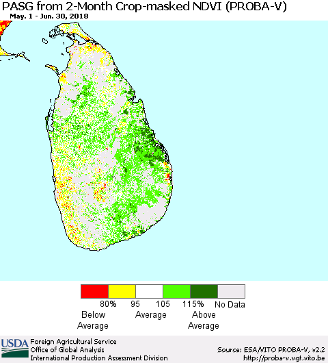 Sri Lanka PASG from 2-Month Crop-masked NDVI (PROBA-V) Thematic Map For 6/21/2018 - 6/30/2018
