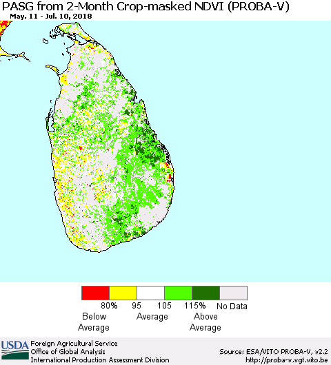 Sri Lanka PASG from 2-Month Crop-masked NDVI (PROBA-V) Thematic Map For 7/1/2018 - 7/10/2018