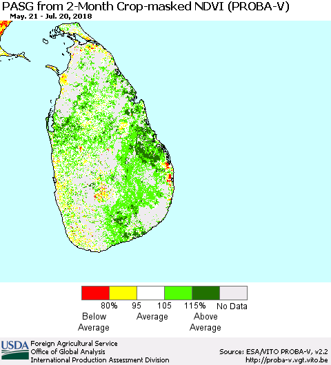 Sri Lanka PASG from 2-Month Crop-masked NDVI (PROBA-V) Thematic Map For 7/11/2018 - 7/20/2018