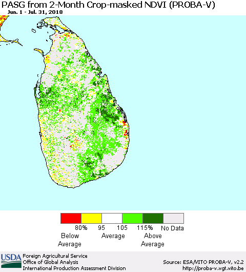 Sri Lanka PASG from 2-Month Crop-masked NDVI (PROBA-V) Thematic Map For 7/21/2018 - 7/31/2018