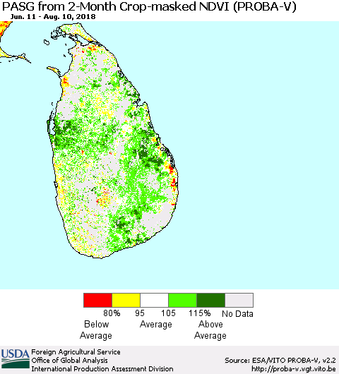 Sri Lanka PASG from 2-Month Crop-masked NDVI (PROBA-V) Thematic Map For 8/1/2018 - 8/10/2018
