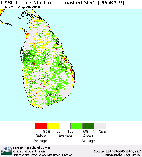 Sri Lanka PASG from 2-Month Crop-masked NDVI (PROBA-V) Thematic Map For 8/11/2018 - 8/20/2018