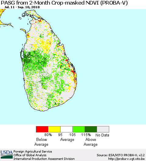 Sri Lanka PASG from 2-Month Crop-masked NDVI (PROBA-V) Thematic Map For 9/1/2018 - 9/10/2018