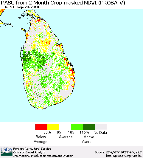 Sri Lanka PASG from 2-Month Crop-masked NDVI (PROBA-V) Thematic Map For 9/11/2018 - 9/20/2018