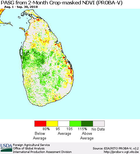 Sri Lanka PASG from 2-Month Crop-masked NDVI (PROBA-V) Thematic Map For 9/21/2018 - 9/30/2018