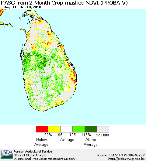 Sri Lanka PASG from 2-Month Crop-masked NDVI (PROBA-V) Thematic Map For 10/1/2018 - 10/10/2018